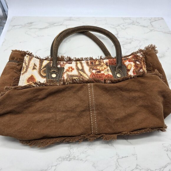 Myra Bag Tote Handbag Womens Brown Canvas Leather Trim Tapestry Boho Zip Top - Picture 10 of 15